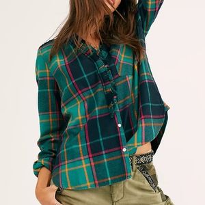 Free people Always Forever boxy plaid ruffle buttondown top XS